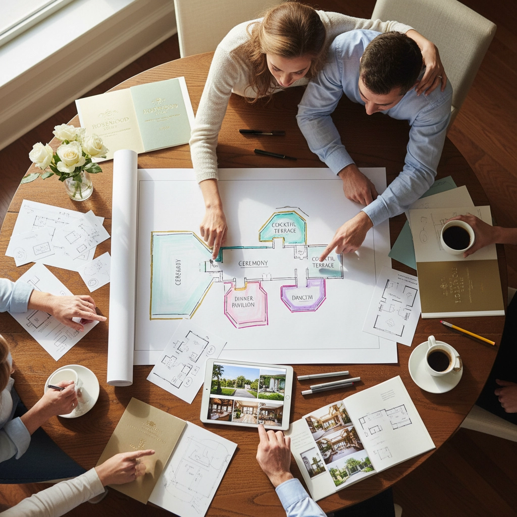 People collaborate over a colorful event layout on a table, pointing and discussing. Coffee cups, flowers, and notes complete the scene.