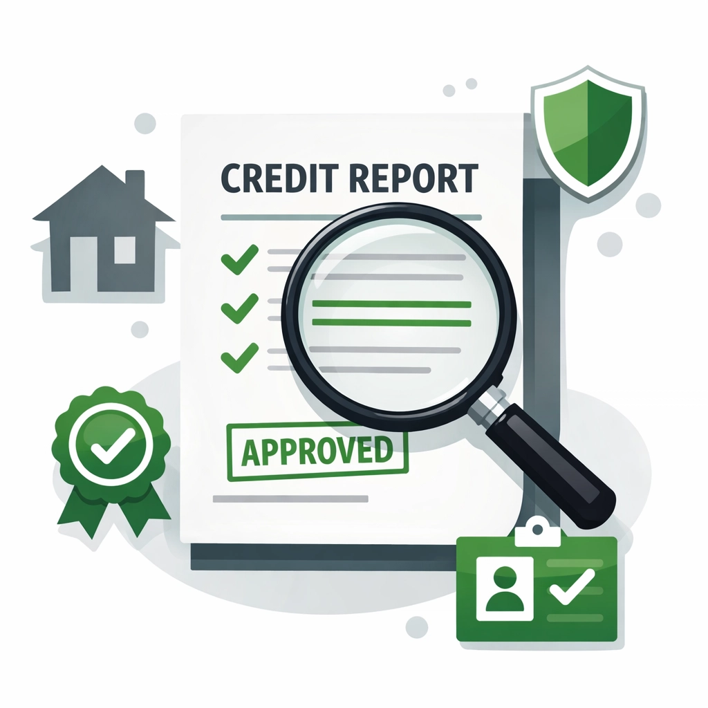 Magnifying glass examining tenant credit report with background check verification symbols