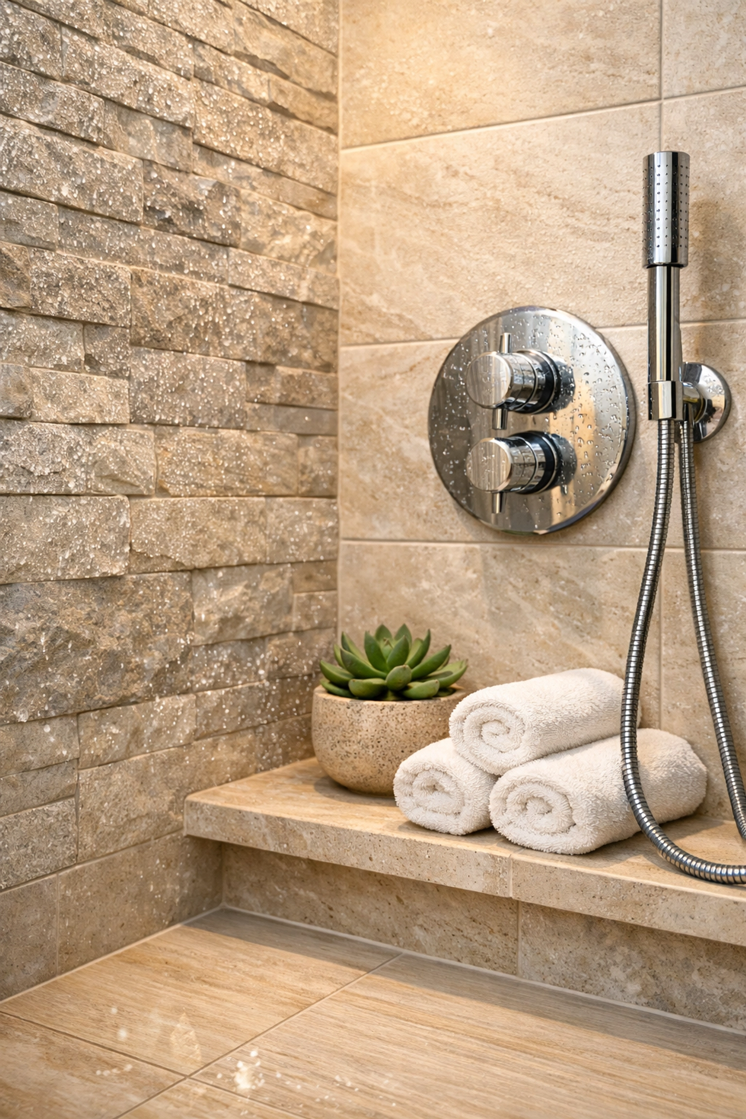 Natural stone tile installation in spa-inspired Orlando bathroom with textured finishes