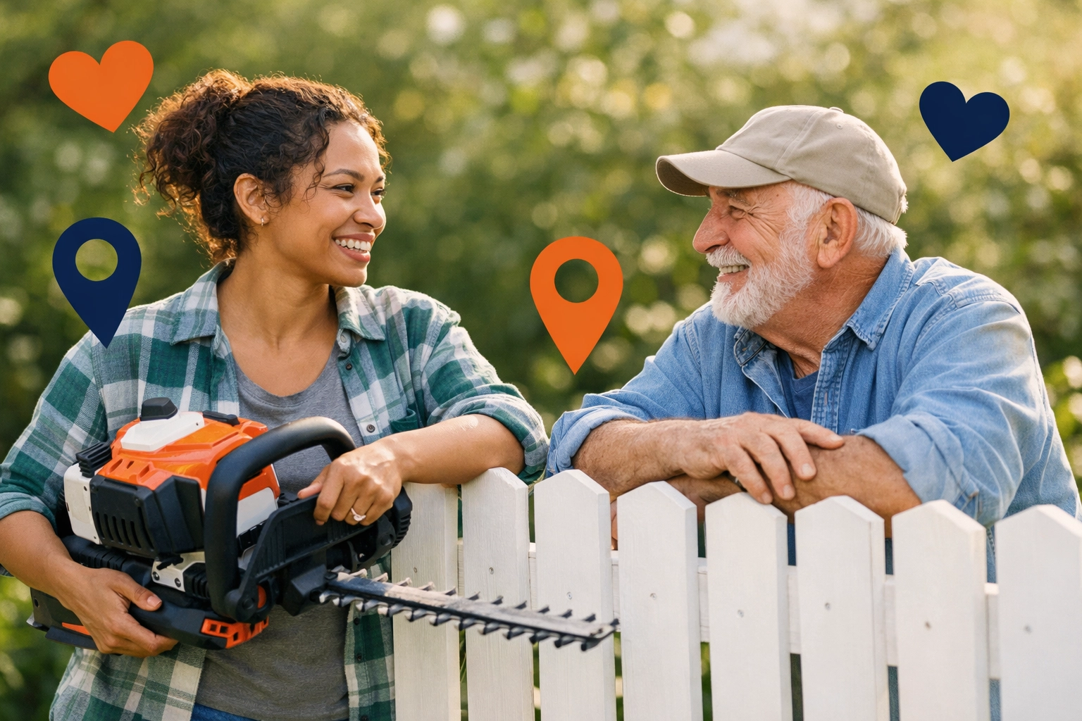 Neighbors building community connections while sharing professional gardening tools in a local rental network.