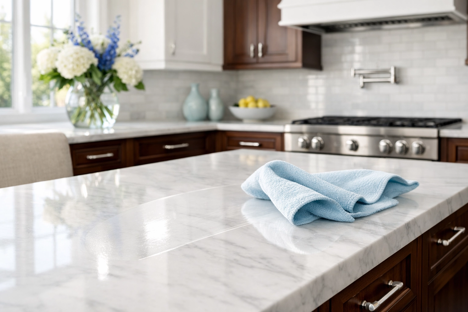 Cleaning a white marble kitchen island in a Sudbury MA home using a soft microfiber cloth.