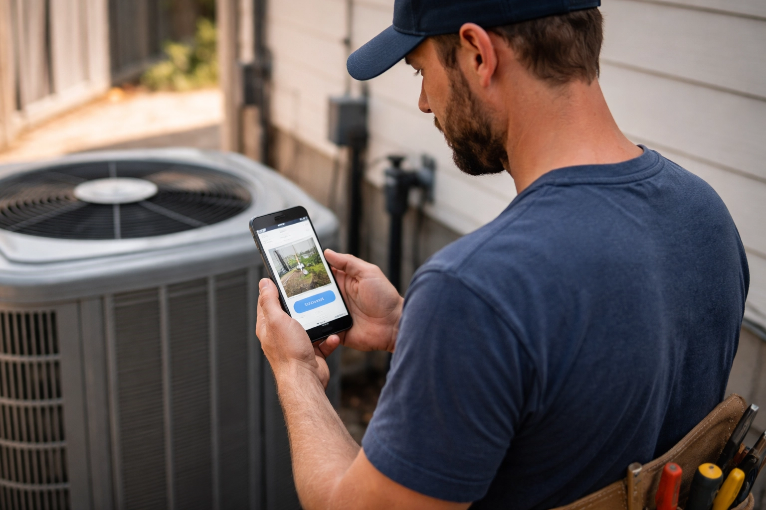 Contractor on a job site viewing a contractor website contact page on a smartphone with a clear call-to-action.