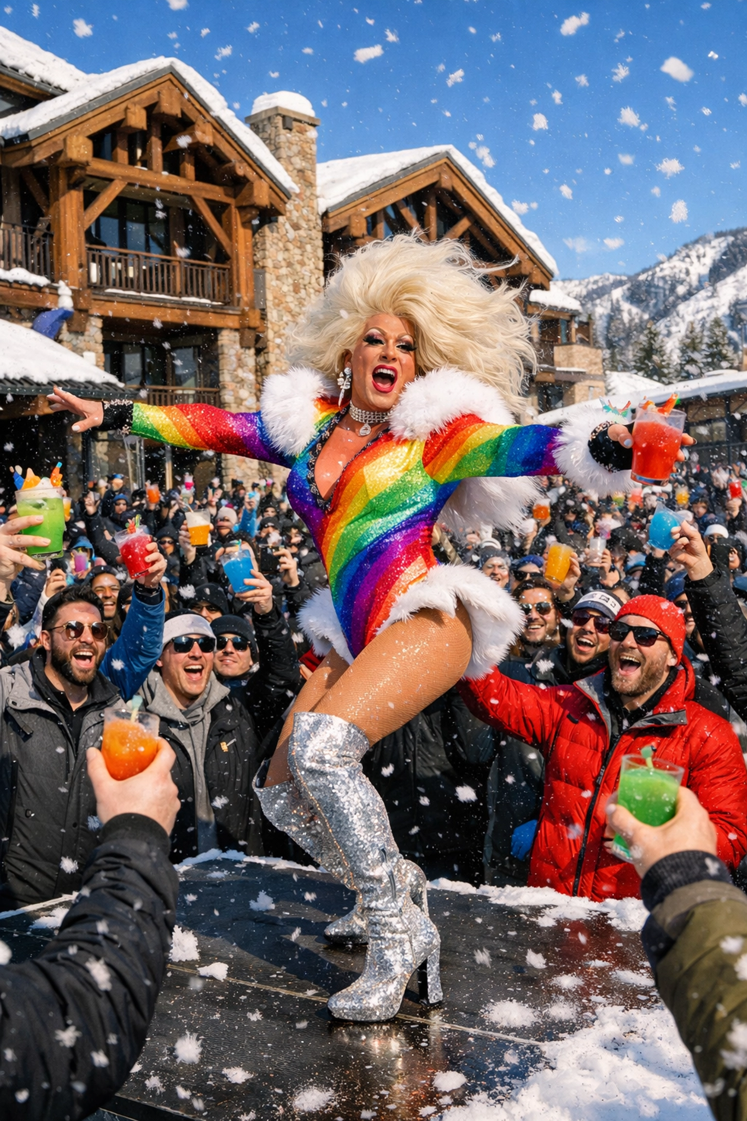 A drag queen in a rainbow outfit performing at an outdoor Aspen Gay Ski Week party.