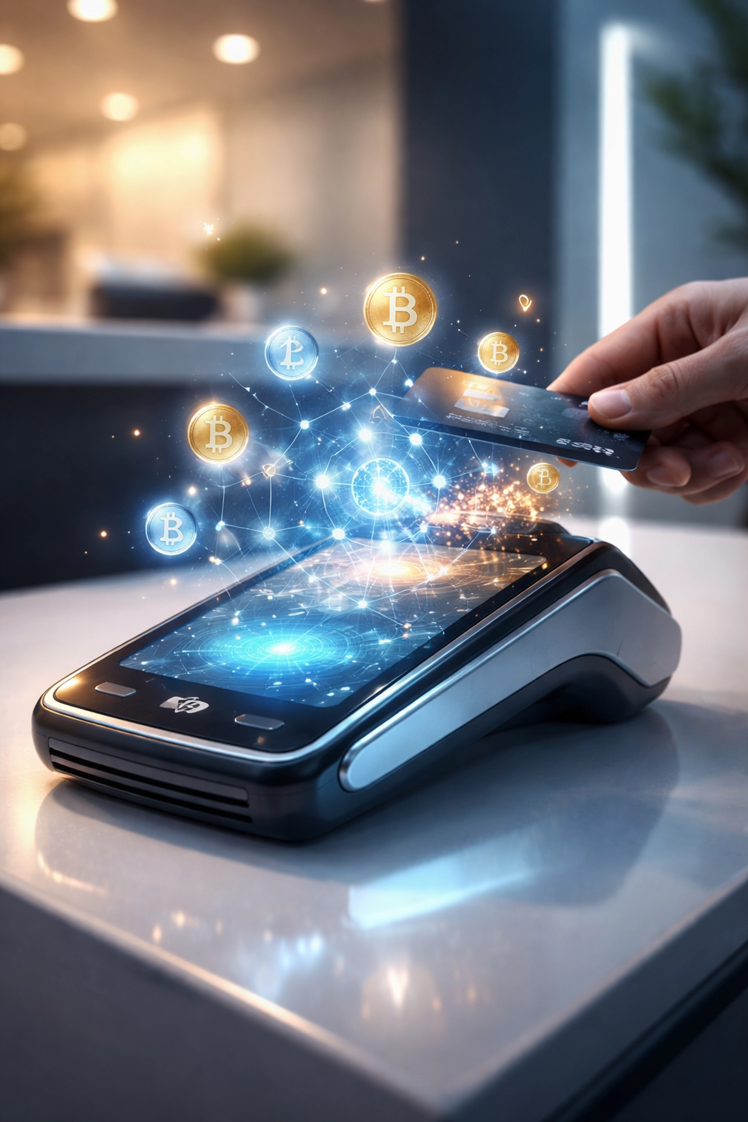 Merchant using a digital payment terminal for Web3 global payments and instant crypto settlement in-store