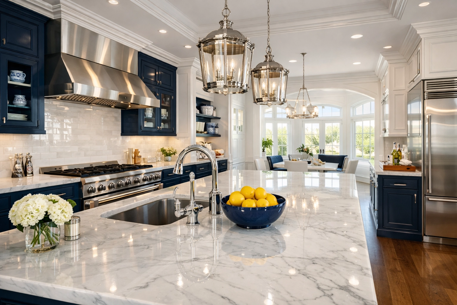 Spotless luxury kitchen after a deep house cleaning in Fitchburg MA, featuring marble countertops.