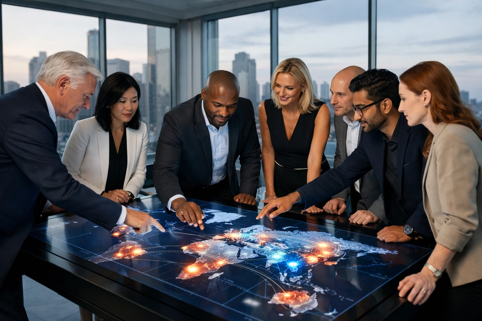 Strategic consulting team planning global brand partnerships in a digital media innovation hub.