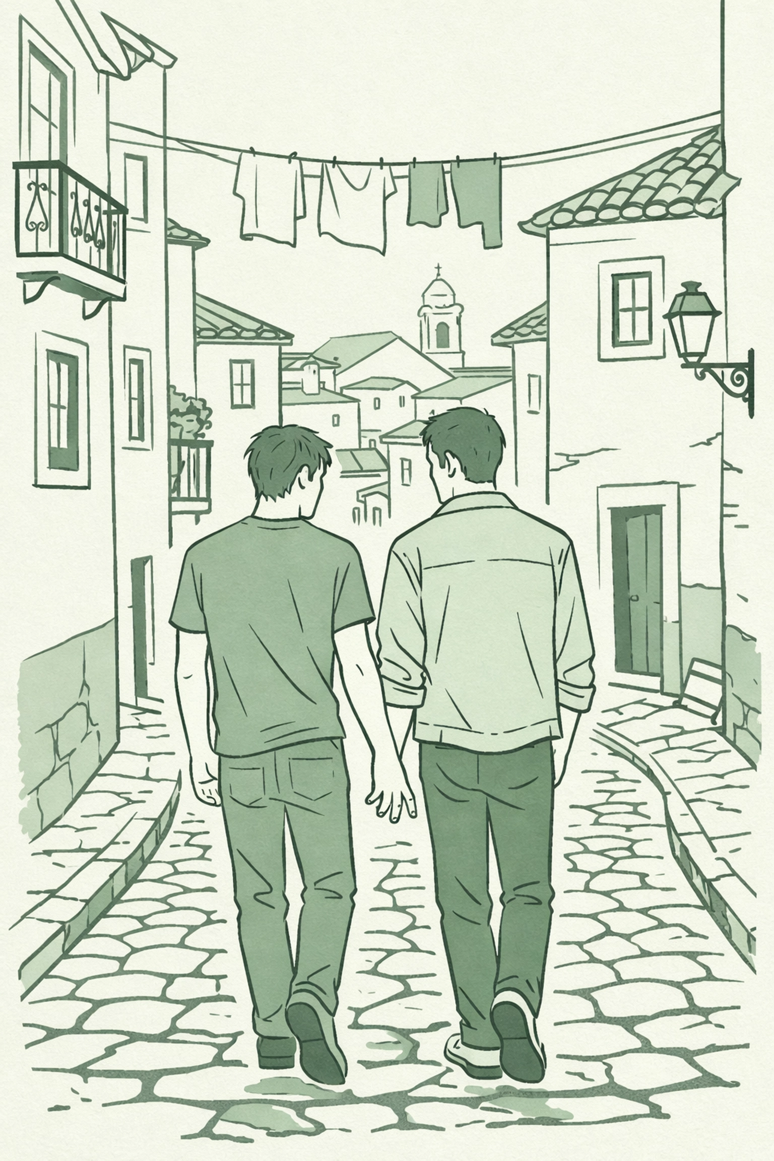 Gay couple walking through cobblestone streets of old Lisbon - Portuguese LGBTQ+ romance