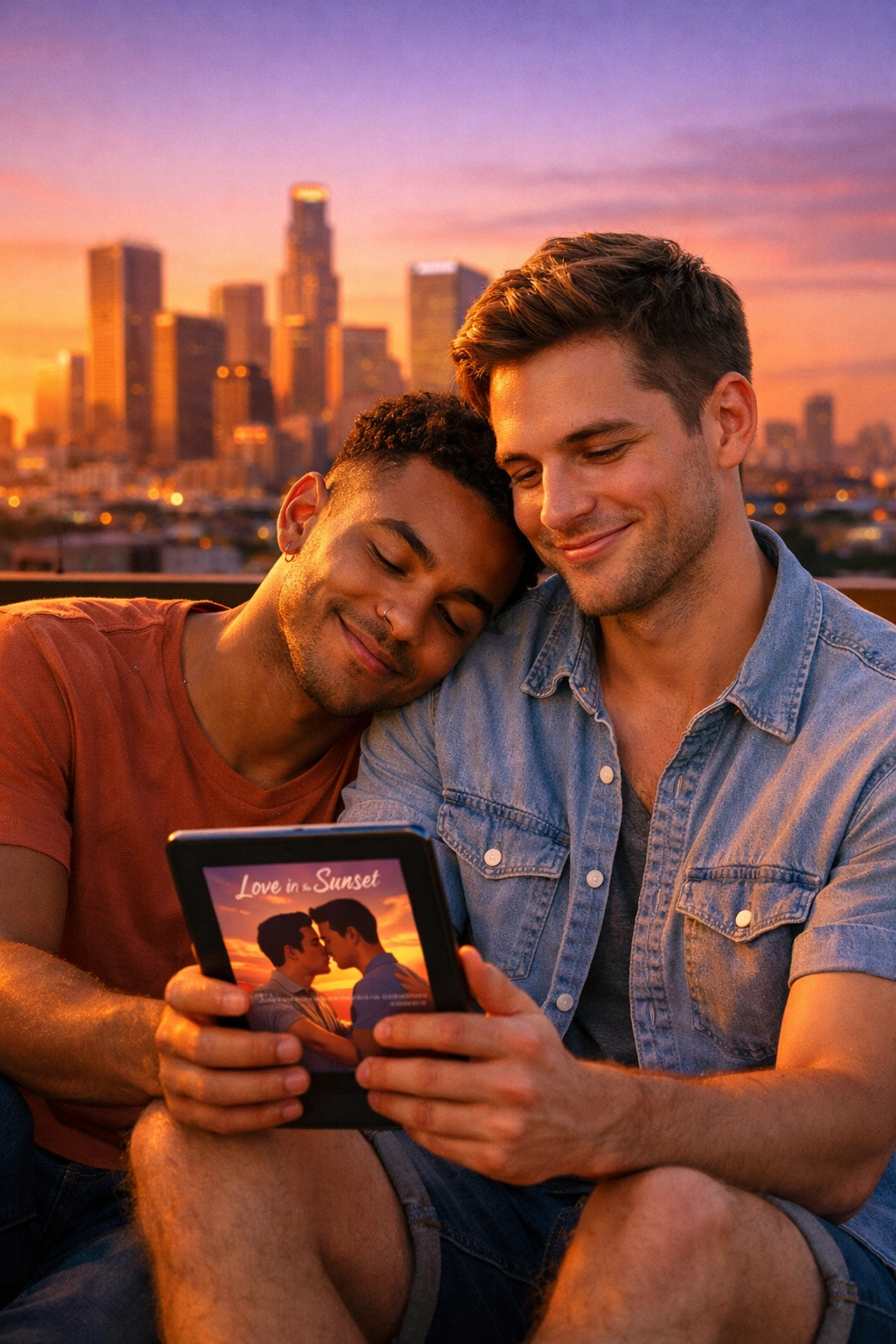 A gay couple reading an MM romance book together on a rooftop, balancing work with queer joy.