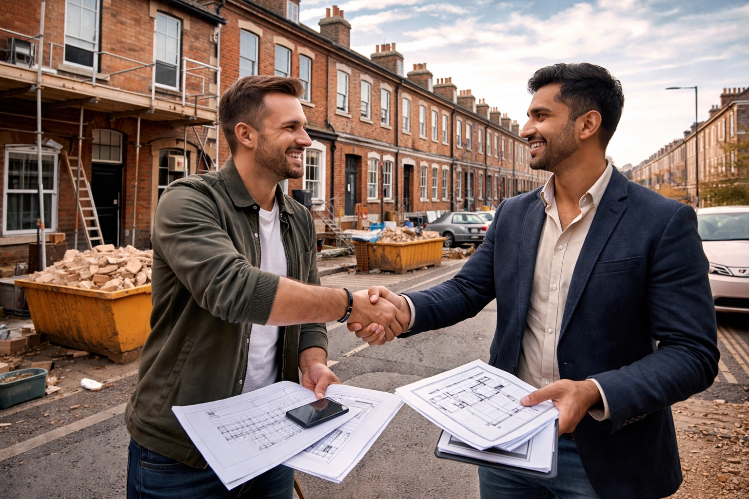 Property investors shaking hands on Oldham street with Victorian homes, highlighting fast property deals and bridging loans.