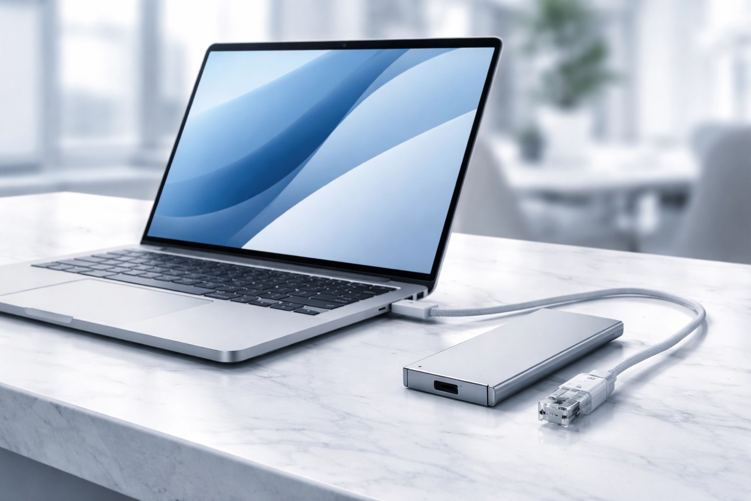 Minimalist laptop setup on marble desk, symbolizing technical optimization for quality content delivery.