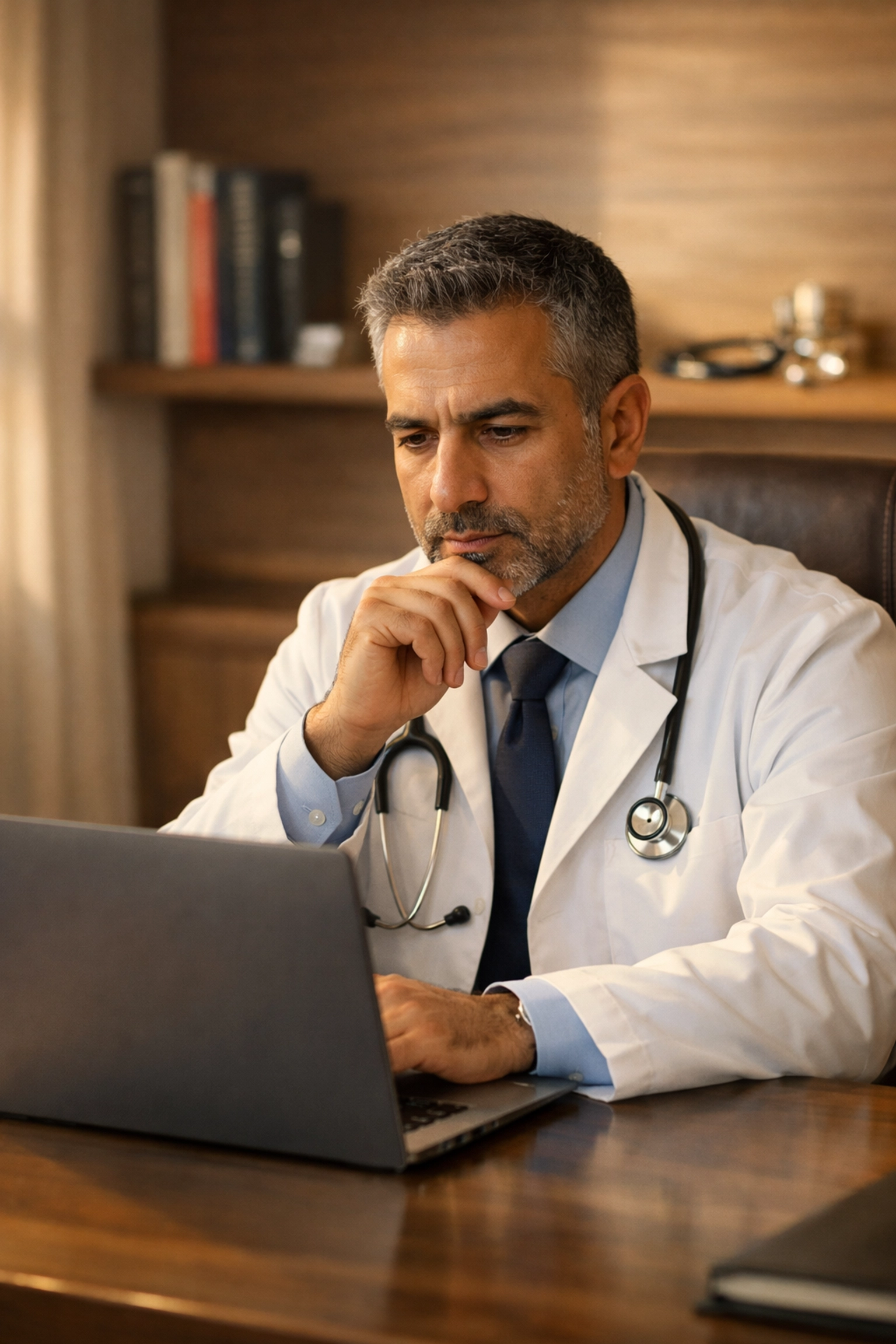 Physician reviewing medical practice financial performance on a laptop in a private office.