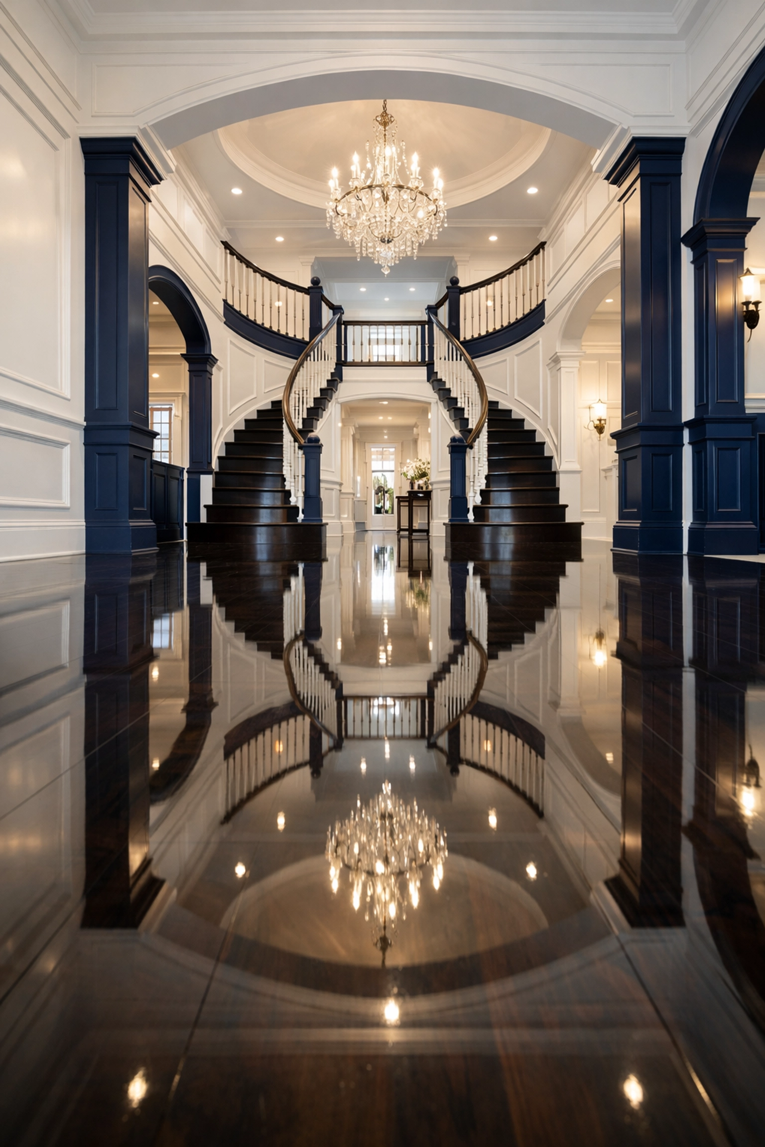 Professional residential cleaning Massachusetts showcasing a mirror-finish floor in a grand luxury foyer.