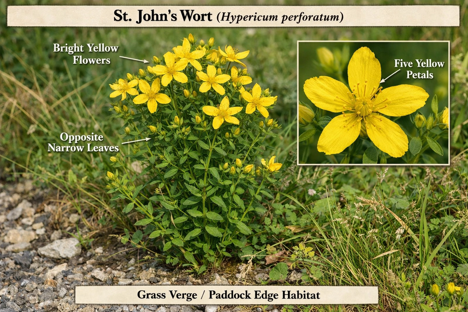 St John’s Wort (Hypericum perforatum) — small yellow five-petaled flowers; can trigger photosensitisation in horses.