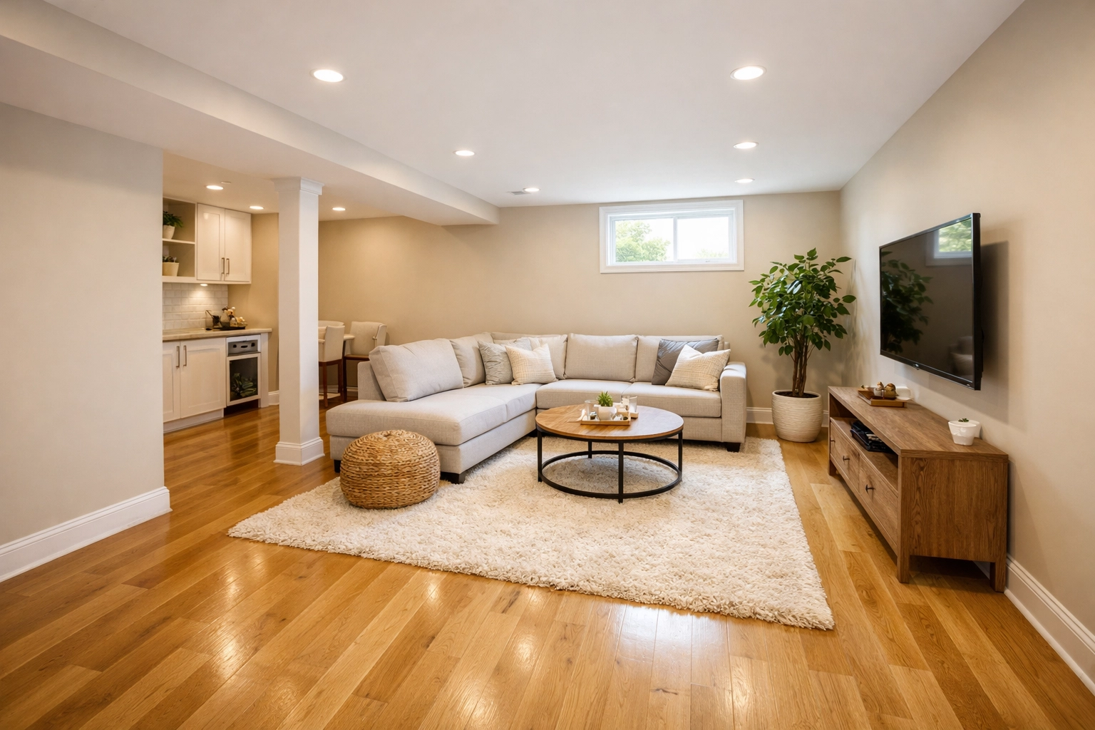 A beautifully restored Bucks County basement after a professional water damage restoration and repair project.