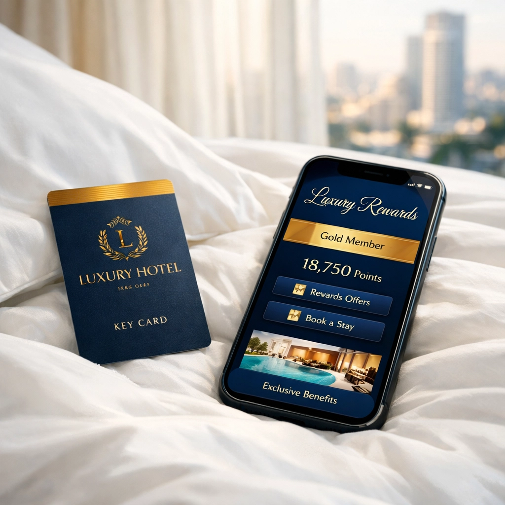 NEWSLETTER: Stop Wasting Money on Last-Minute Super Bowl Bookings: Try These 7 Strategic Travel Hacks Hotel keycard and rewards app on luxury bedding for points redemption