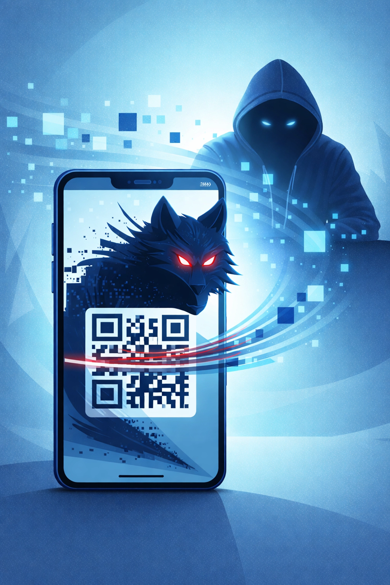 Smartphone scanning QR code with dark digital wolf, illustrating quishing risks in Venice FL computer security