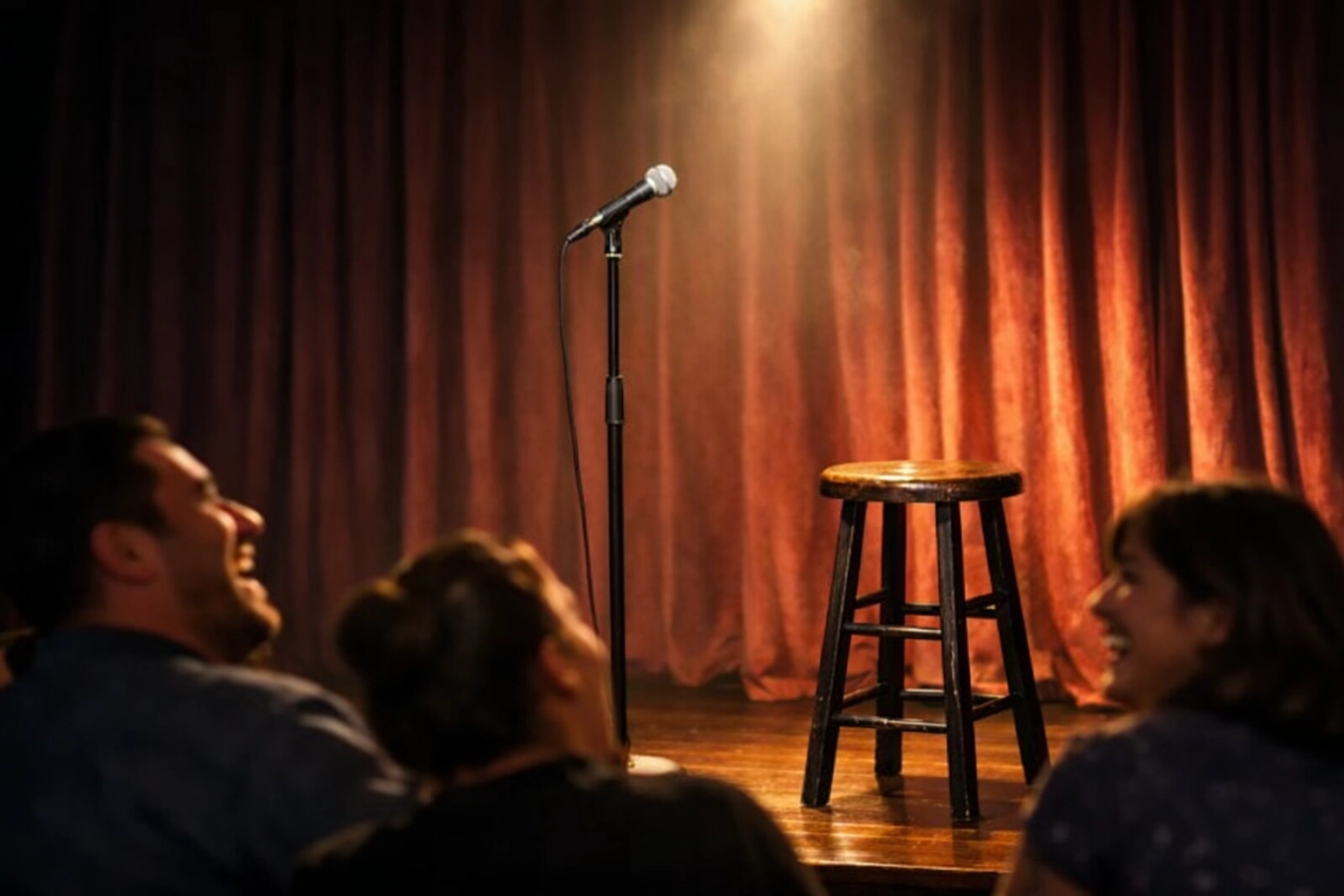 Comedy club stage with a microphone and warm spotlight