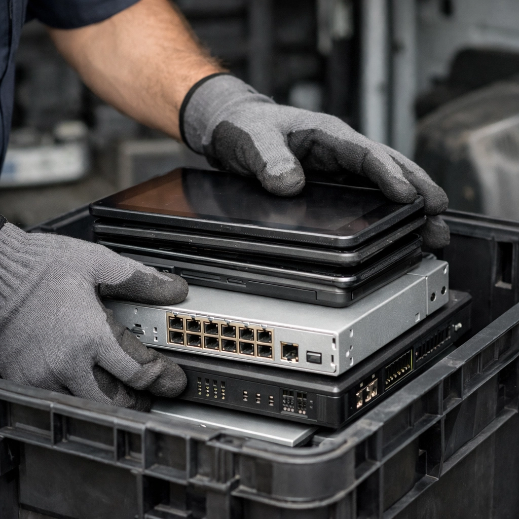 Professional technician loading electronic waste into a crate for secure IT recycling in Northamptonshire.