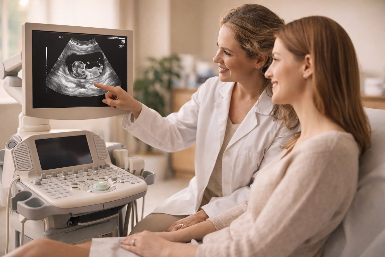 Supportive doctor and patient reviewing an ultrasound during a Maine surrogate clinic screening in a fertility clinic diagnostic room.