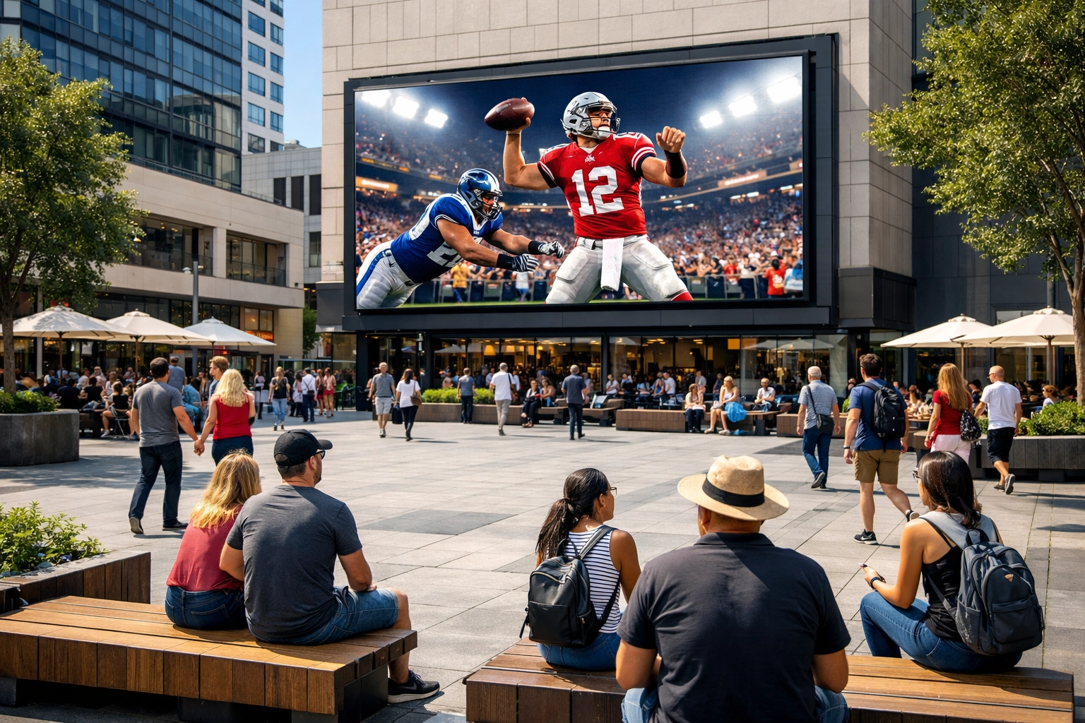 Large urban digital billboard displaying a live sports event to a crowd in a modern city plaza.