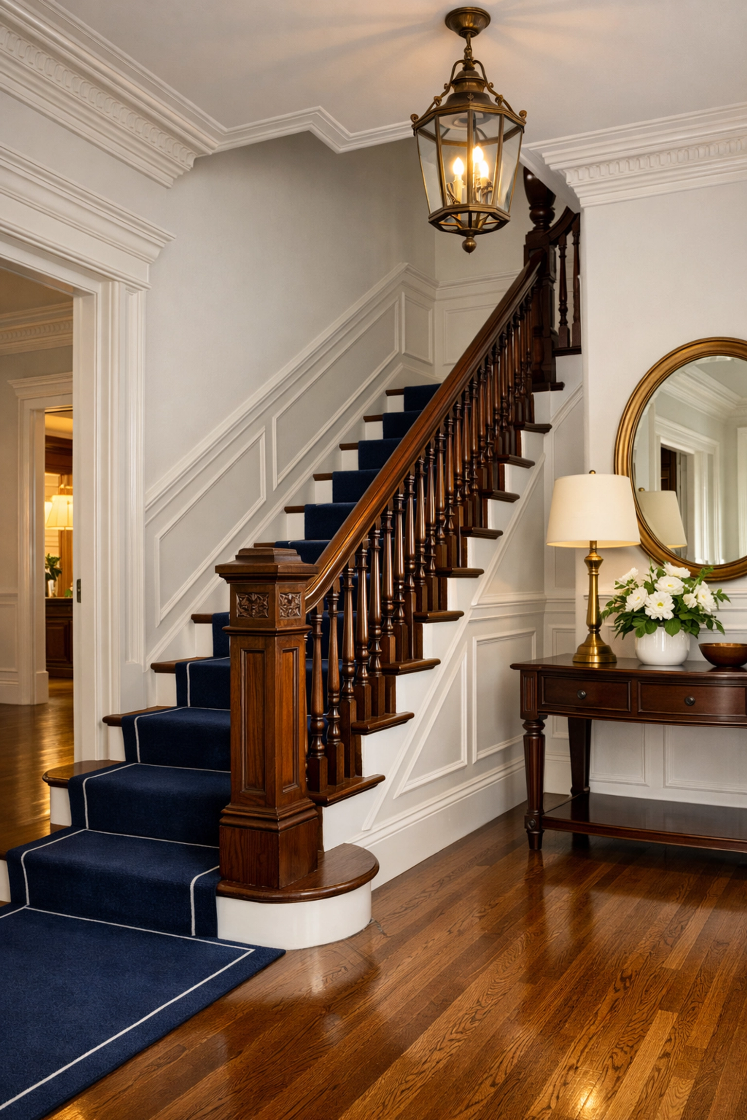 Renovated historic Newton foyer with dust-free woodwork after professional post-construction cleaning.