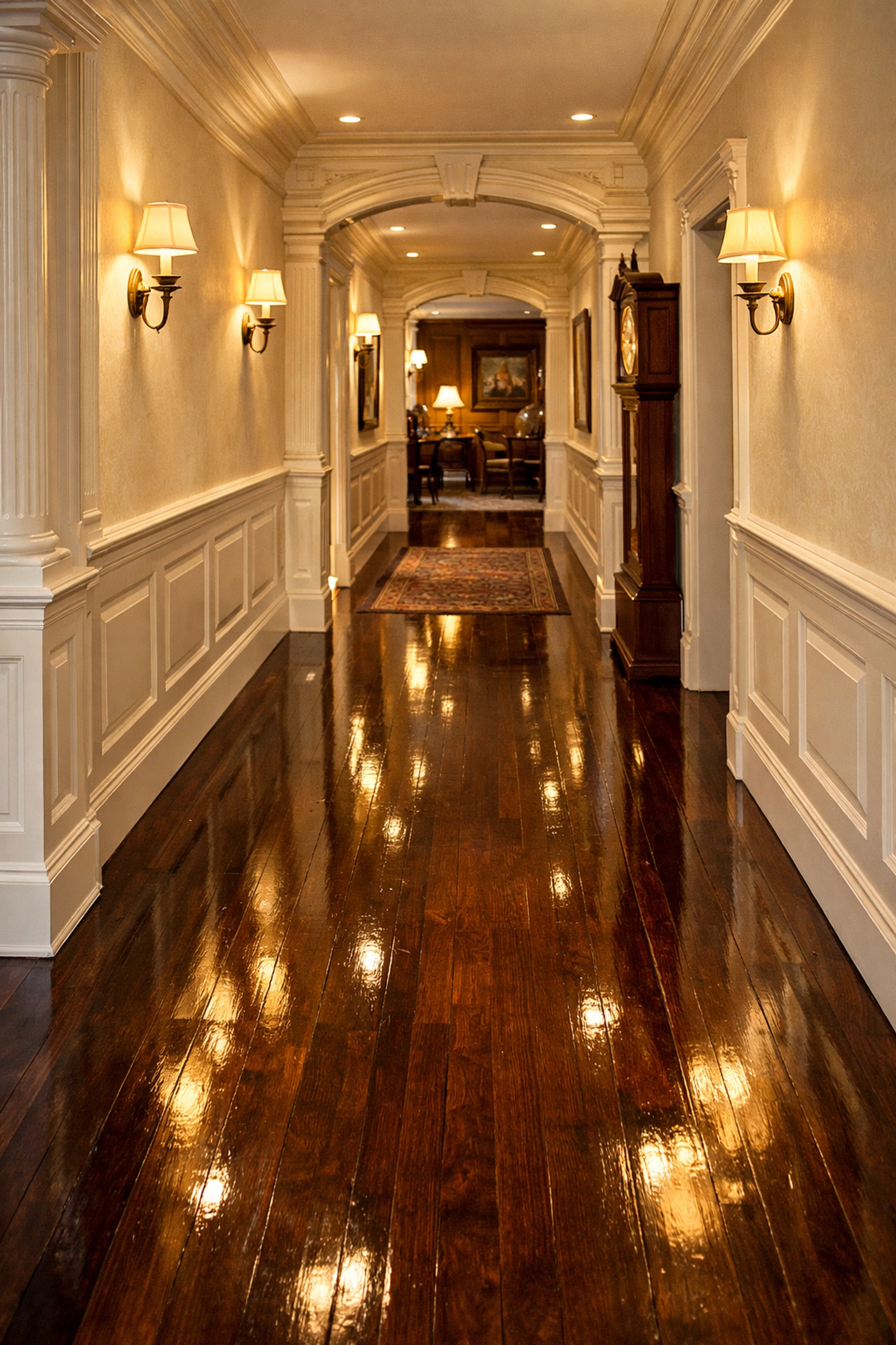 Polished hardwood floors in a historic Concord estate hallway reflecting expert house cleaning care.