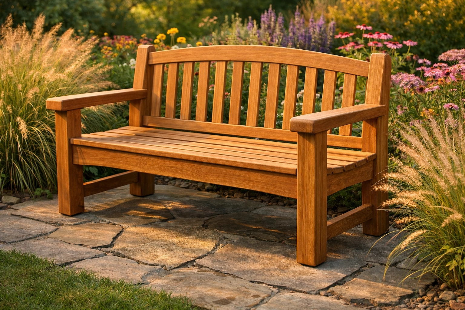 A sturdy teak garden bench on a stable flagstone base provides a safe place to rest and assist in fall recovery.