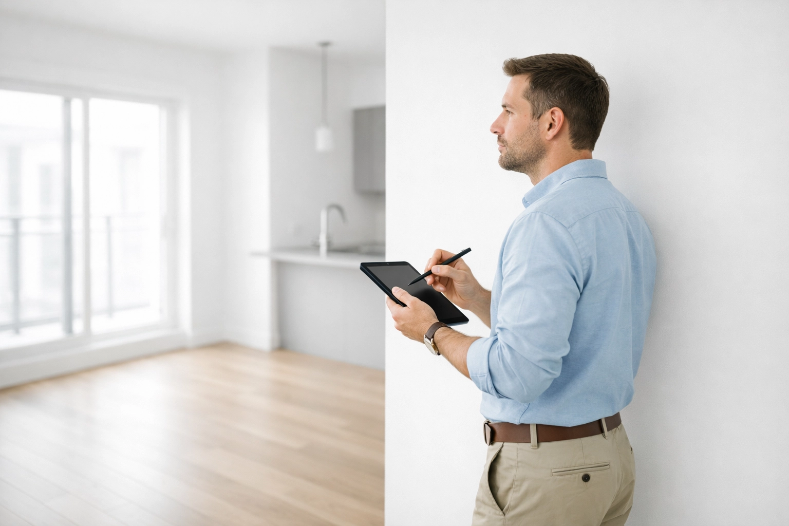 Property manager conducting apartment inspection with tablet during make-ready process