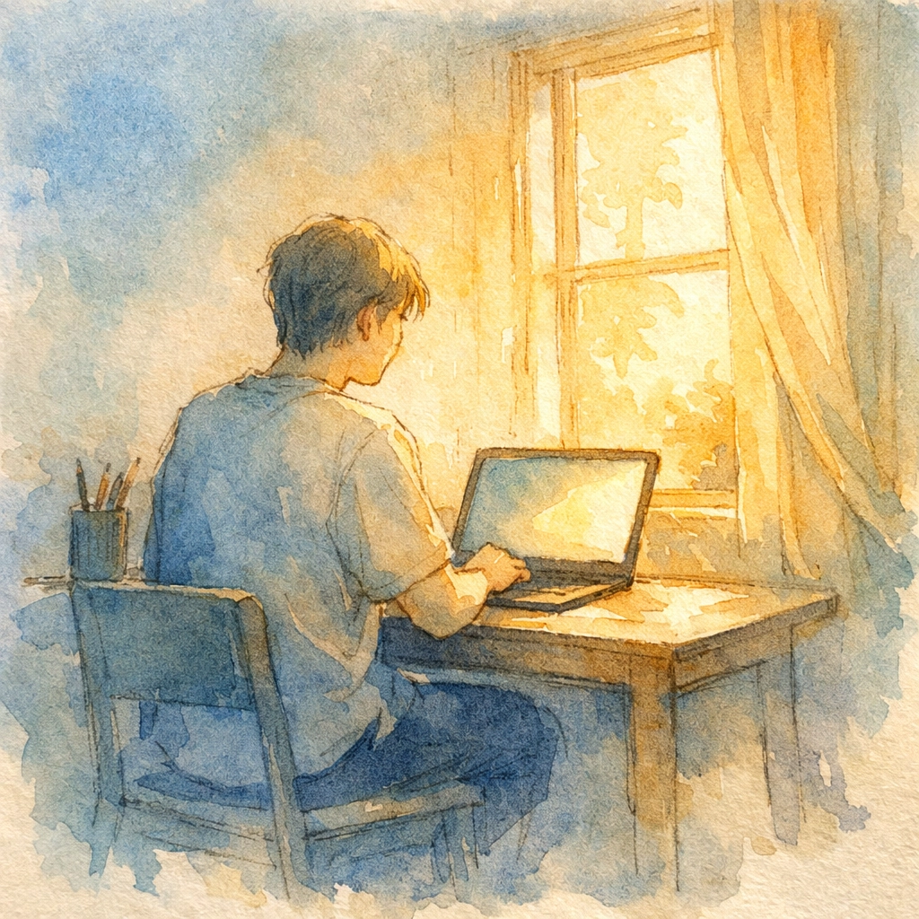 Independent creator working at laptop building digital projects with peaceful focus