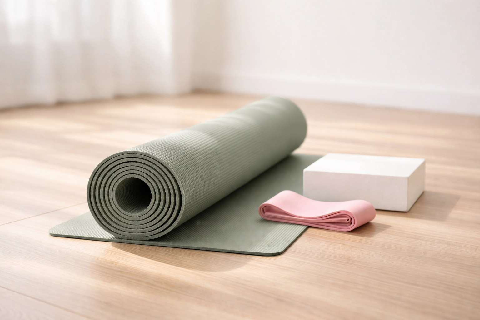 Rolled sage green Pilates mat with resistance band and foam block on wood floor in Denver studio
