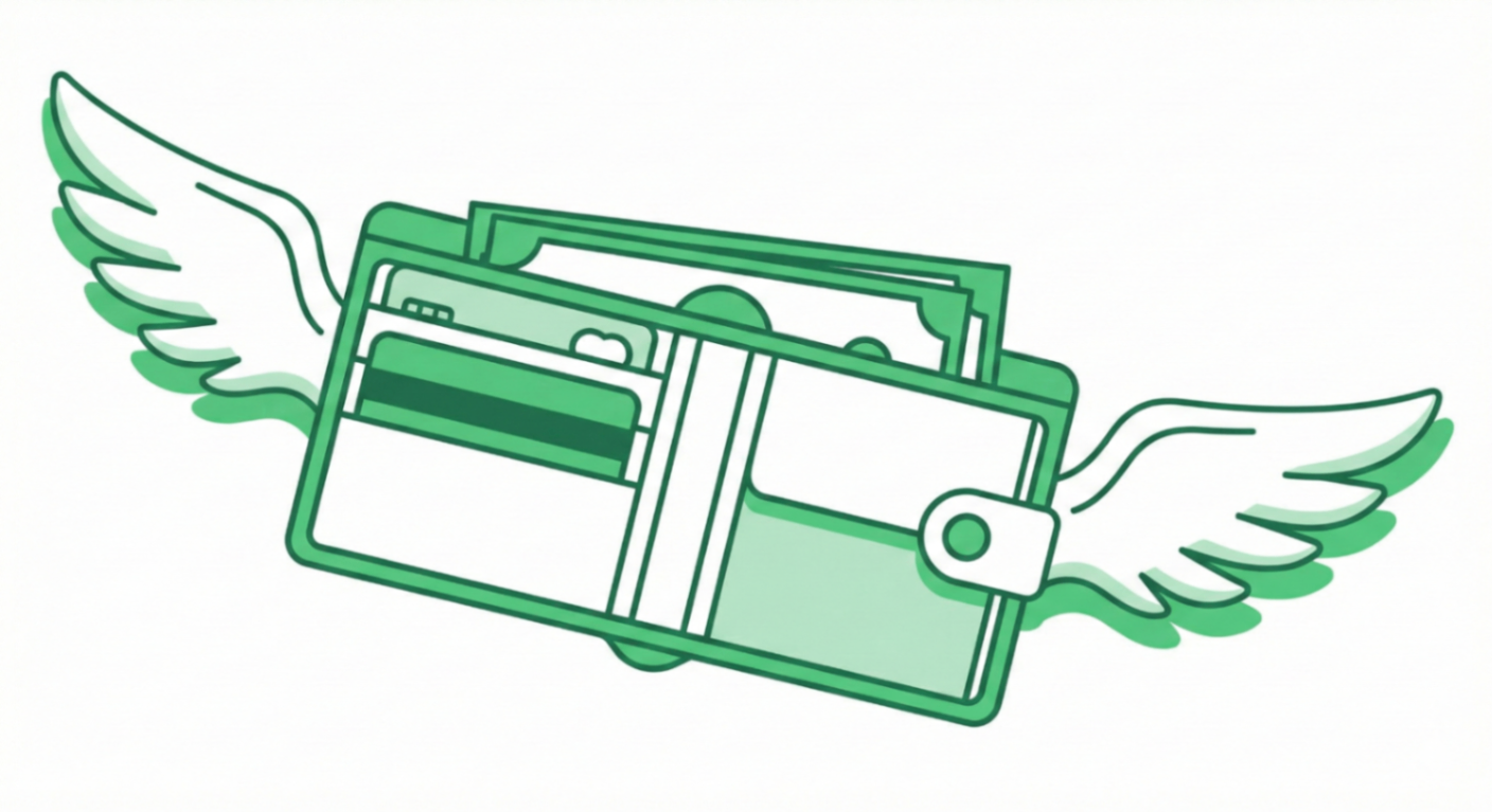 A green wallet with cash and cards with wings