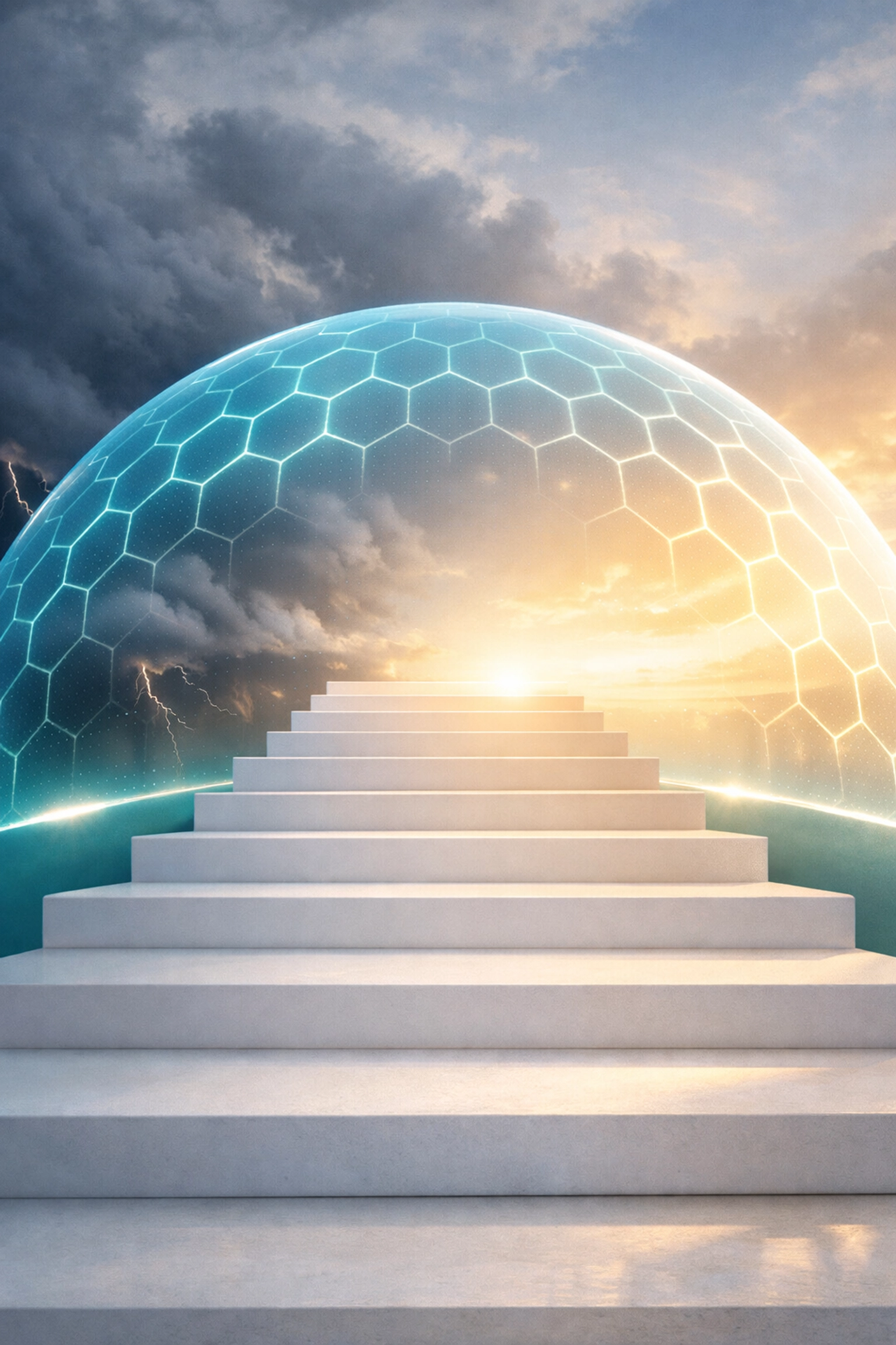 Protective digital shield over growth steps, representing secure paths for small business scaling.