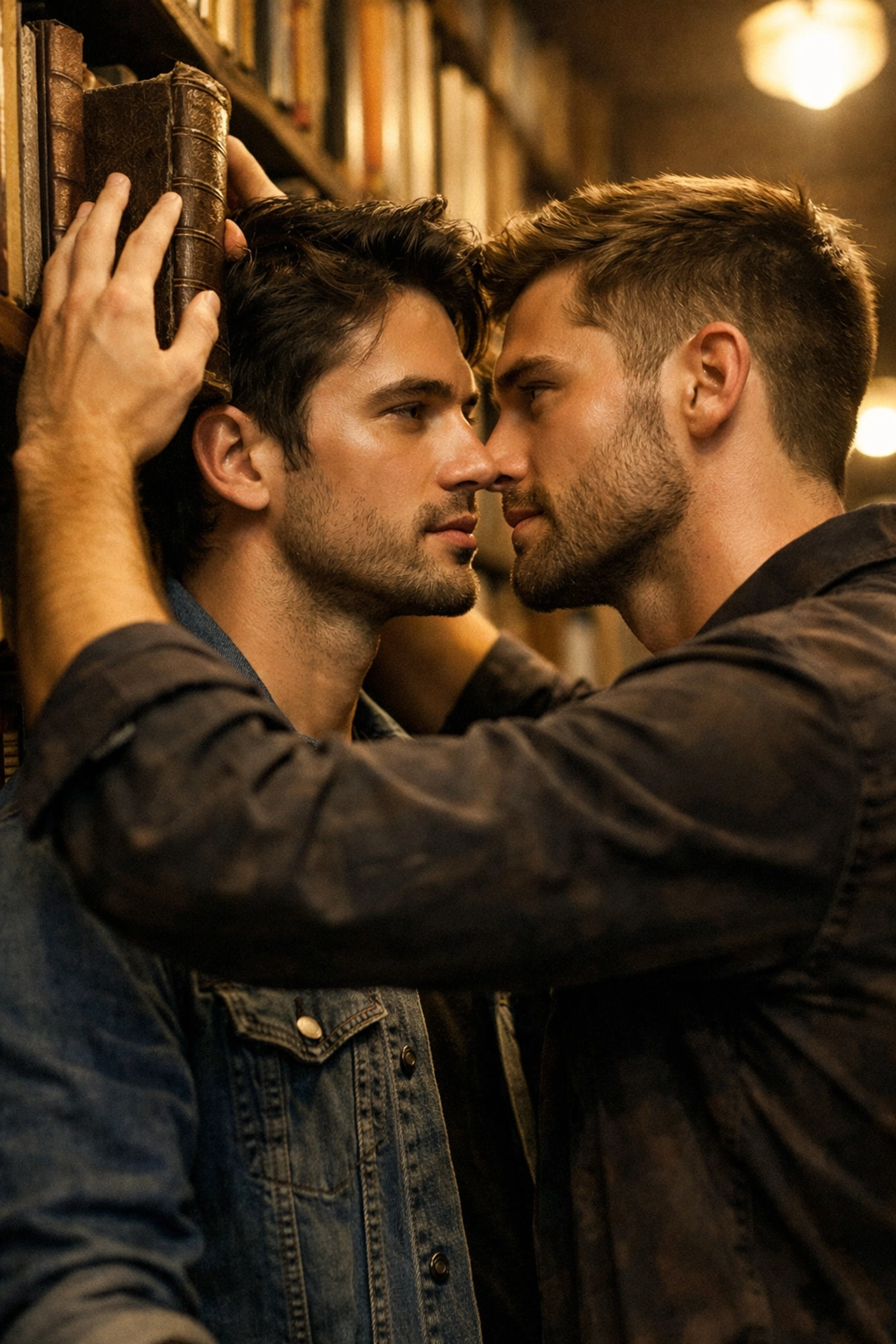 Two men share an intense look in a bookstore, capturing the tension of a slow burn MM romance story.