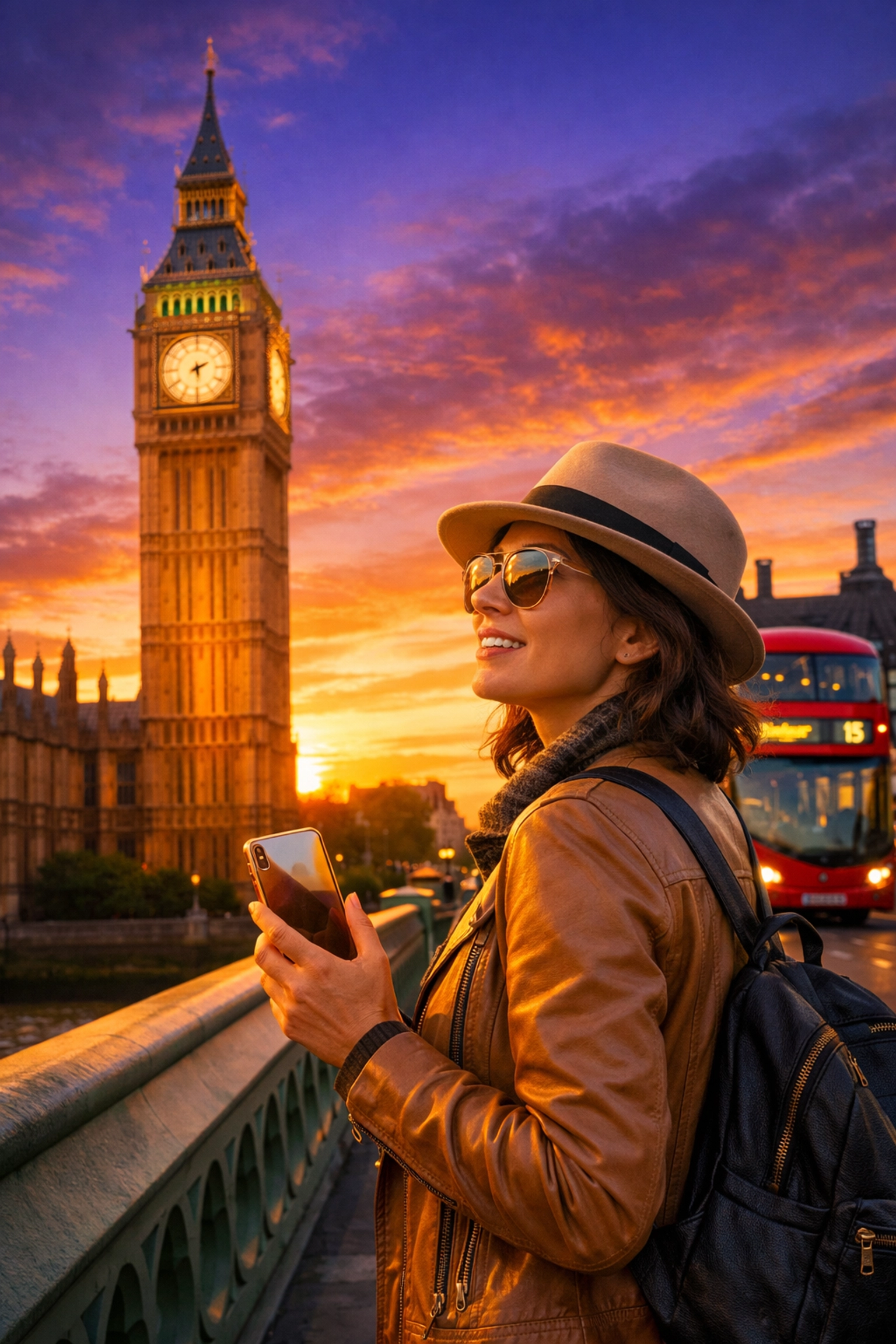 Traveler using a smartphone near Big Ben in London, representing easy UK ETA entry rules for visitors.