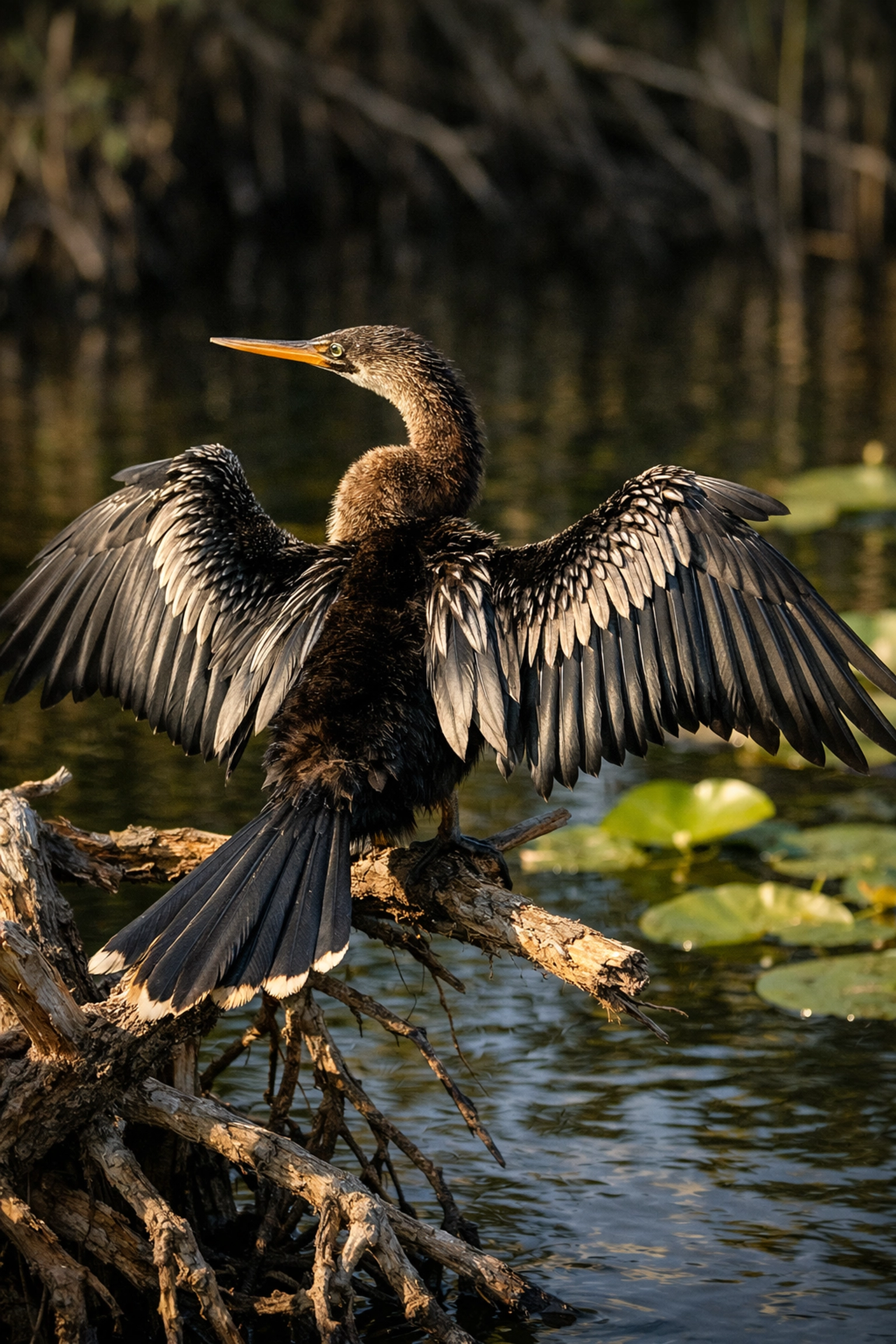 Anhinga bird drying its wings at Anhinga Trail, a top wildlife photography location in the Everglades.