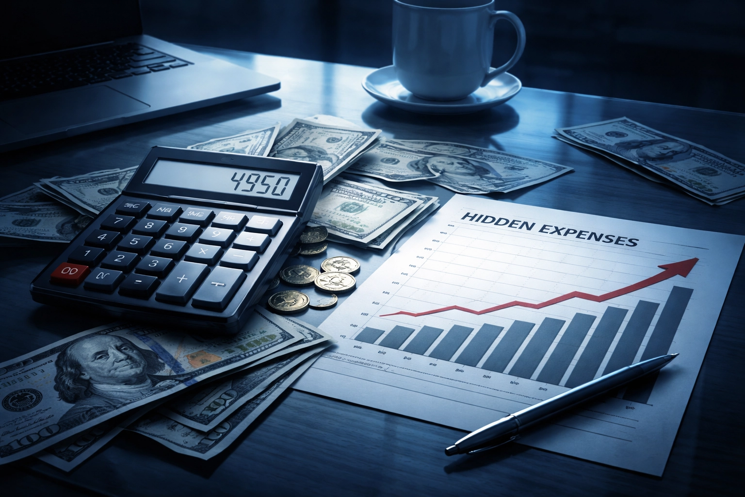 Calculator, cash, and rising graph on a desk symbolize the hidden and rising costs of internal IT teams