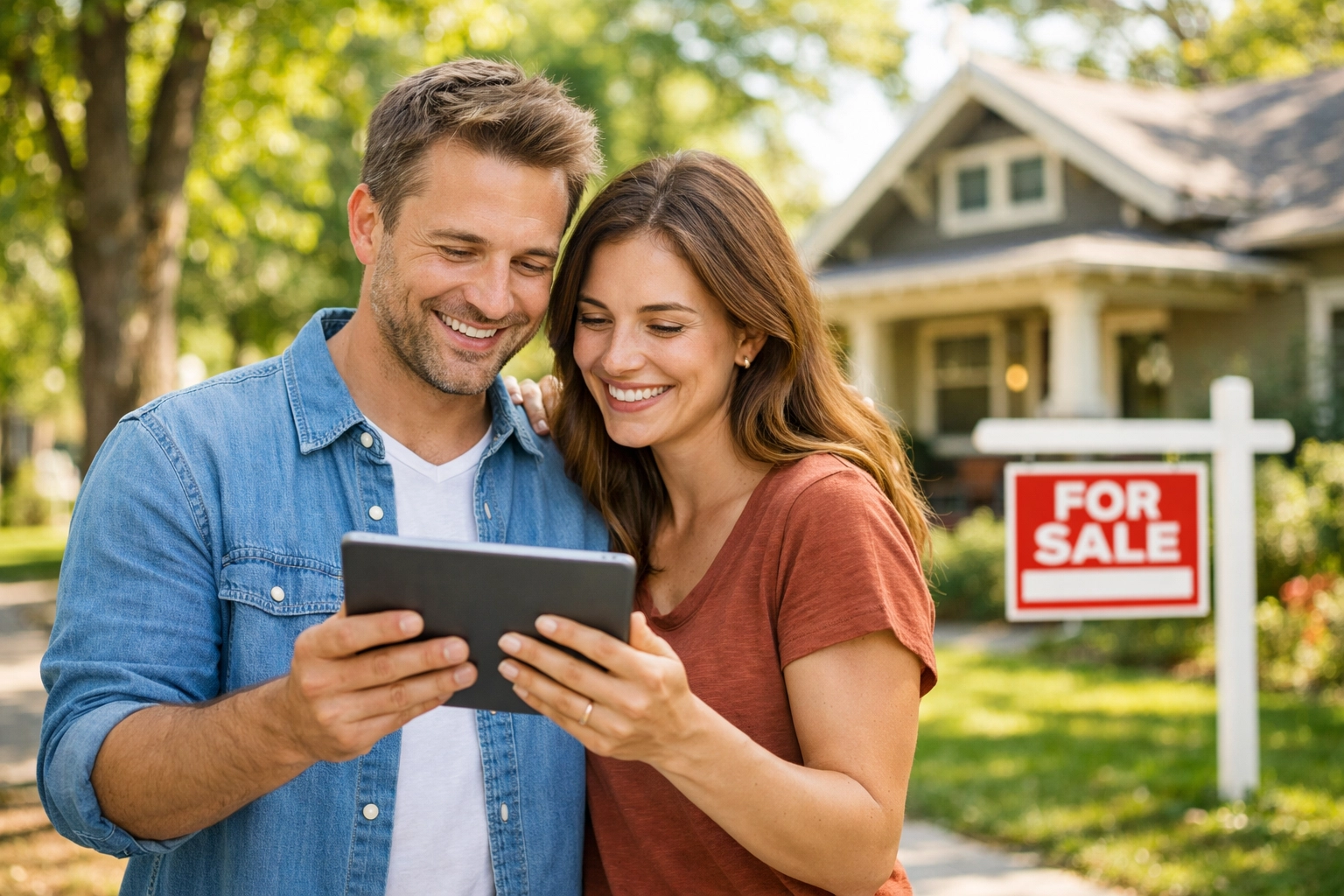 A couple reviewing Boise real estate listings on a tablet in front of a charming Craftsman home. A couple reviewing Boise real estate listings on a tablet in front of a charming Craftsman home.