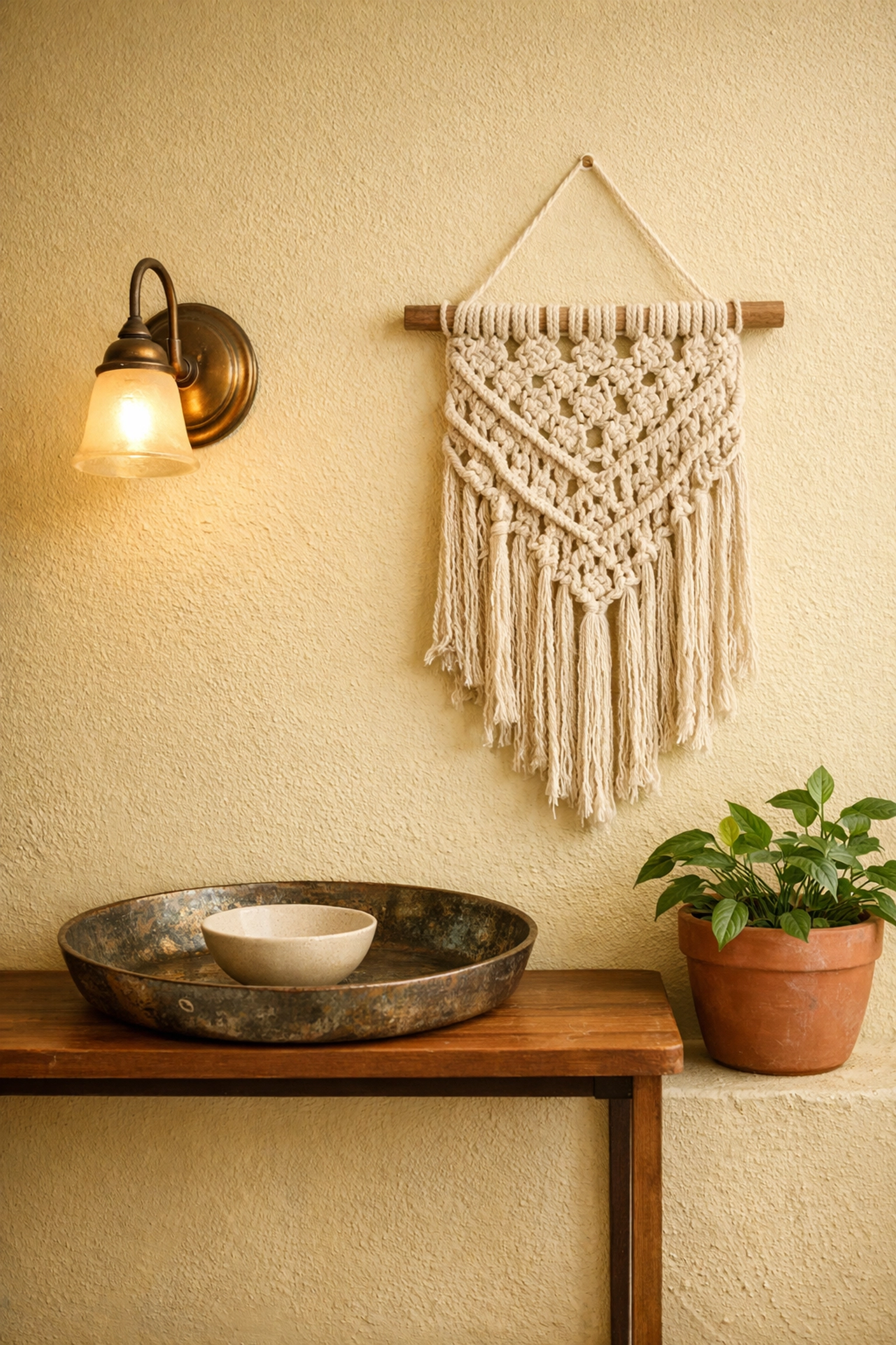Sunny boho entryway featuring butter yellow walls, an aged brass sconce, and a textured handcrafted macramé hanging.