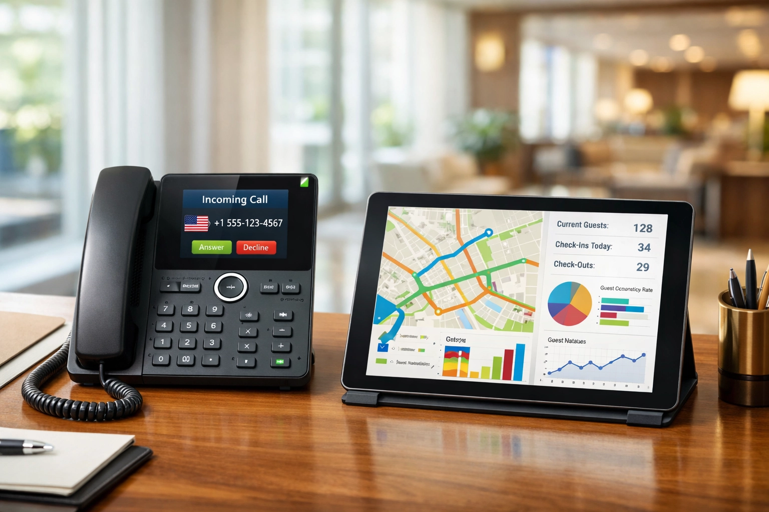 Hotel voice AI phone system displaying geo-routing and guest location data