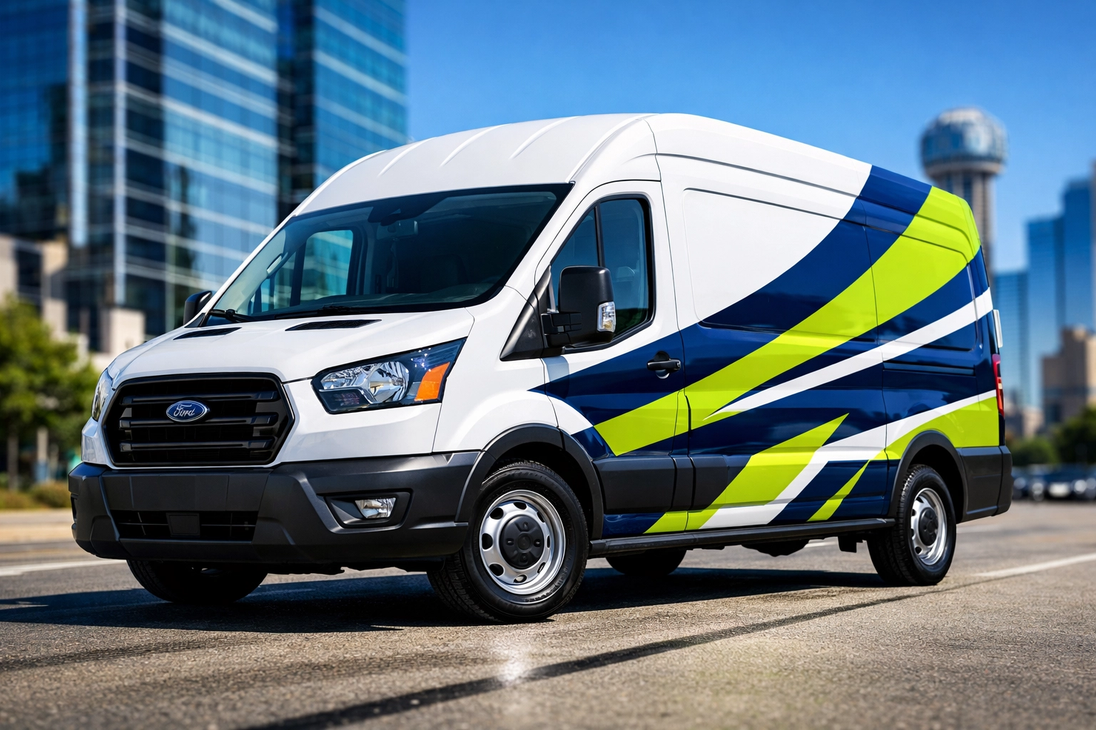 Professional partial vehicle wrap on a white service van in Dallas for effective business mobile advertising.