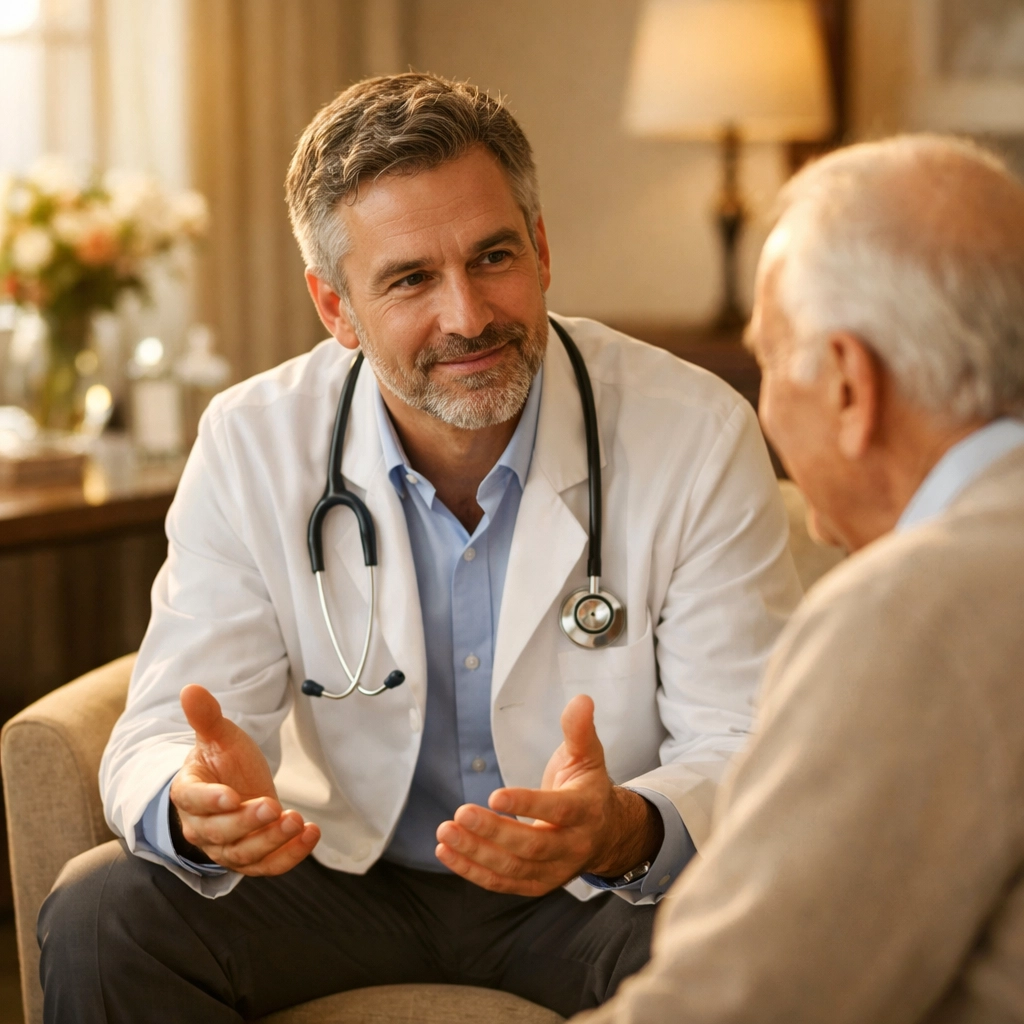 A doctor maintains direct eye contact with a patient, demonstrating the human touch in healthcare hospitality.