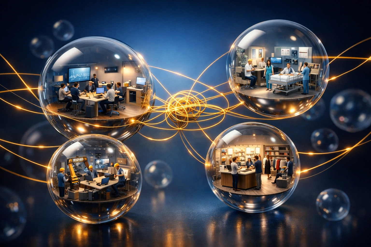 Connected spheres showing different industry sectors in private equity portfolio diversification