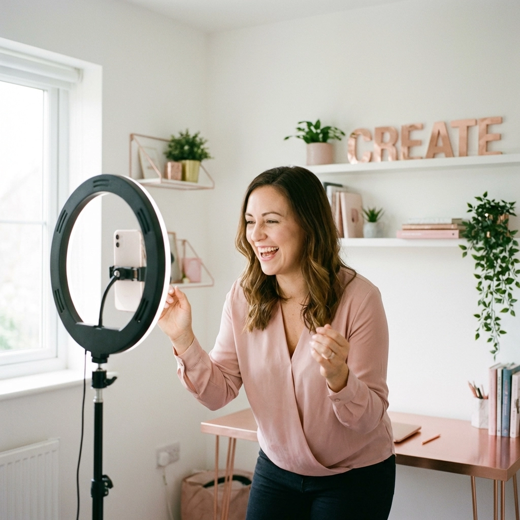 Small business owner filming engaging social media video content in a modern home studio