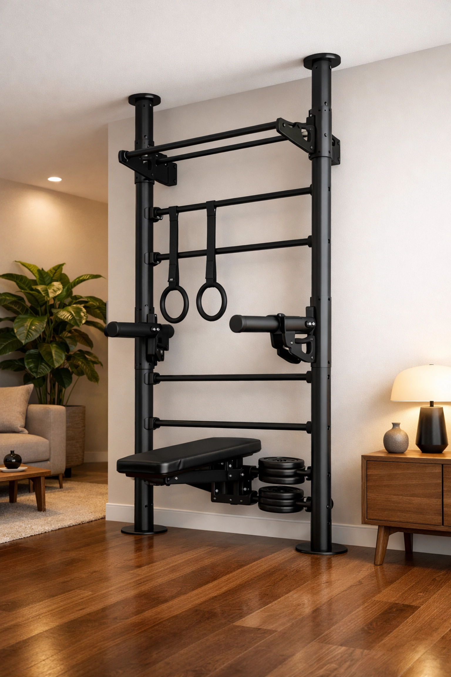 A sleek floor to ceiling gym rail system installed in a modern apartment as a no wall damage workout system.