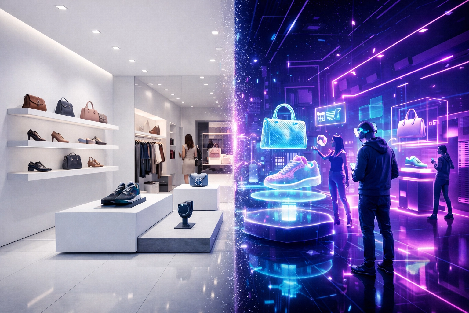 Hybrid retail store merging physical and virtual VR/AR shopping spaces with Web3 payment integration