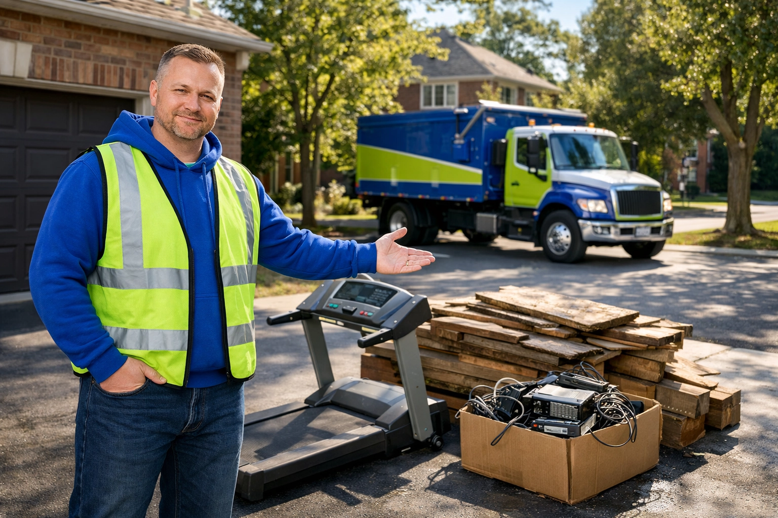 Roman K beside a junk pile and removal truck during a professional garage decluttering service in Aurora.