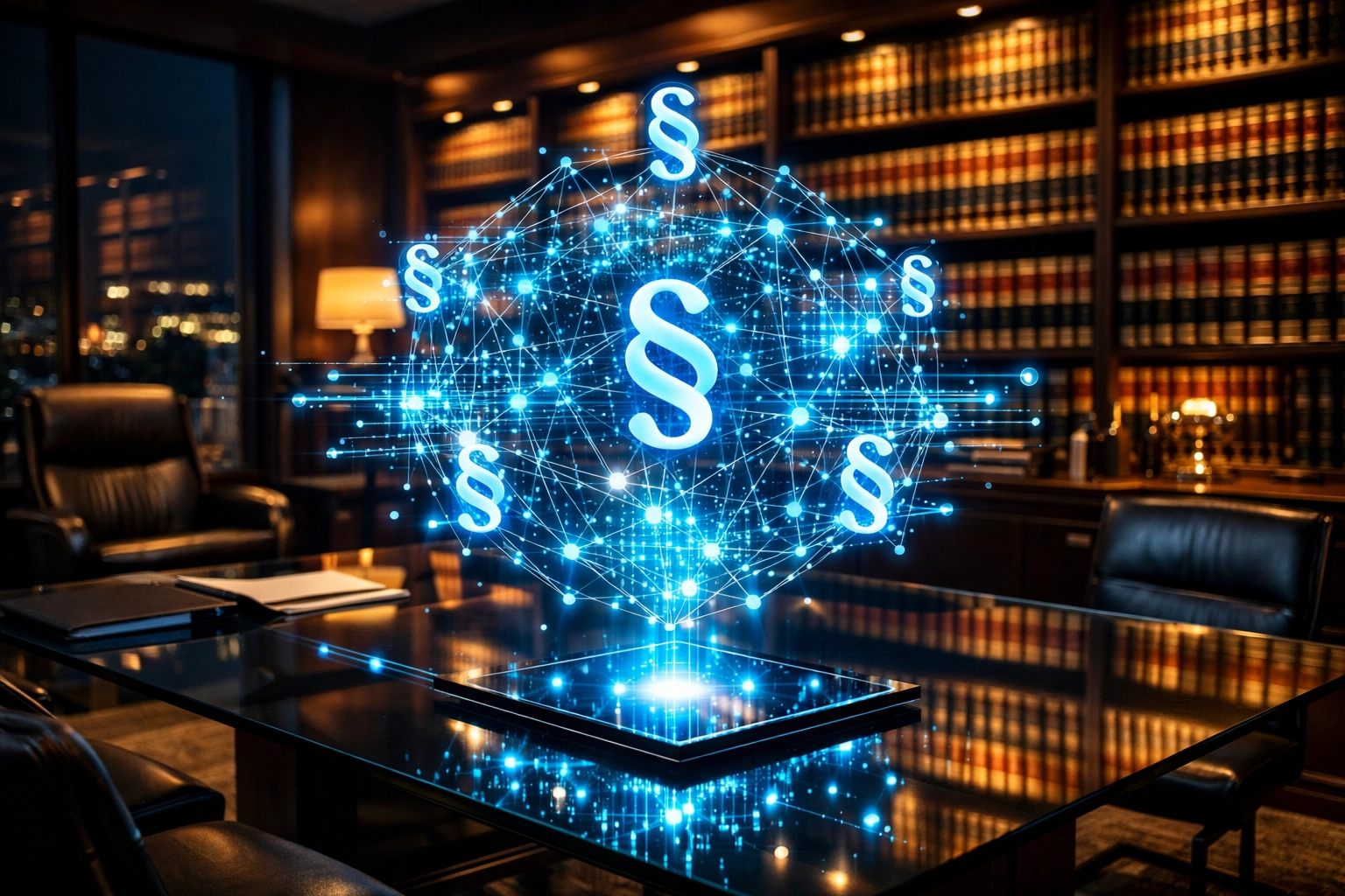 Moderne Kanzlei mit digitaler KI-Visualisierung für effiziente Rechtsberatung.