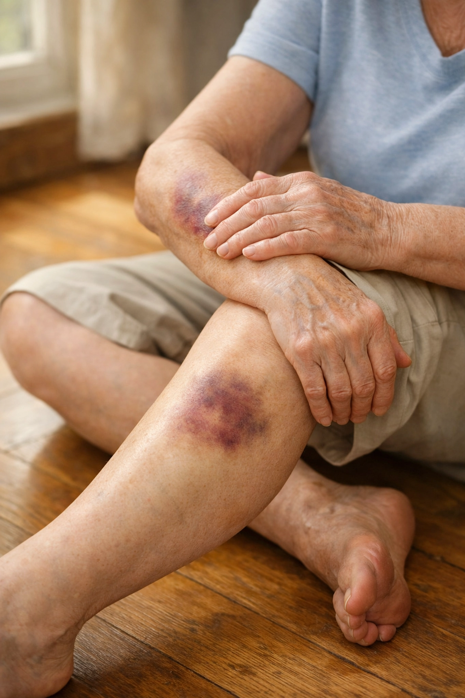 Elderly person checking arms and legs for injuries after falling