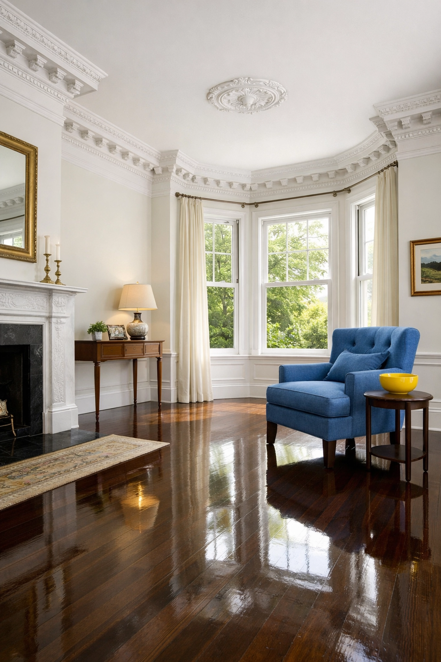 Impeccable deep cleaning in Cambridge MA for historic living rooms with ornate moldings and polished wood.