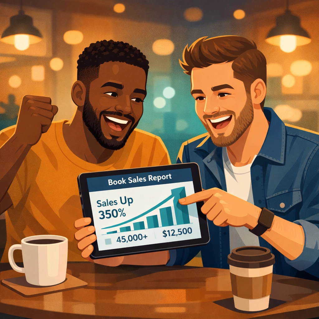 Gay romance authors celebrating successful book sales and reader engagement